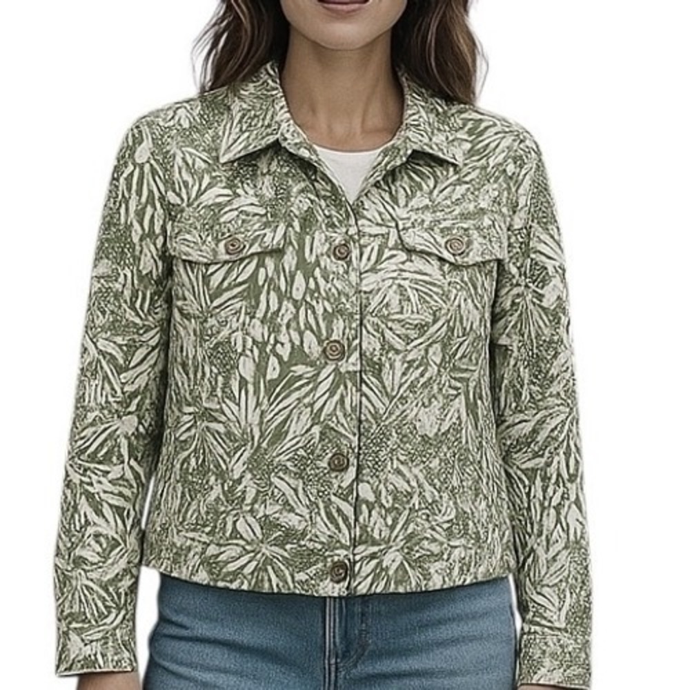 Tahari Tropical Print Linen Blend Blazer Jacket Womens Size Medium Forest Fairy
